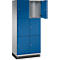 Une armoire bleue avec six portes, une porte est ouverte.