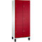 Une armoire blanche et rouge avec six portes et des boutons argentés. Des pieds noirs soutiennent l'armoire.