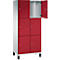 Un meuble rouge avec six compartiments, dont un est ouvert.