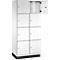 Armoire blanche avec huit compartiments, une porte ouverte. Boutons de porte gris, base sombre.