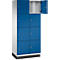 Un placard bleu avec huit compartiments, dont un ouvert.