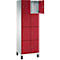 Armoire à huit portes, rouge et blanche. Une porte est ouverte.