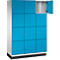 Armoire avec portes bleues, une porte est ouverte.