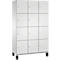 Armoire blanche avec 12 portes, de petites poignées et des pieds noirs. La disposition est de 3x4.