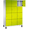 Armoire avec douze portes jaune fluo, dont une ouverte. Pieds noirs, cadre blanc. Un design simple et fonctionnel.