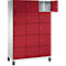 Armoire rouge avec 12 compartiments, dont un est ouvert. L'armoire repose sur des pieds noirs.