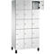 Armoire blanche avec 12 portes, dont une ouverte.