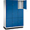 Armoire à neuf compartiments, portes bleues, une porte ouverte.