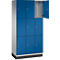 Casier bleu à neuf compartiments, une porte ouverte.
