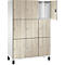 Armoire à neuf compartiments ; aspect bois ; une porte est ouverte.