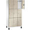 Une armoire à 9 compartiments, dont un ouvert. Aspect bois, sur pieds blancs.