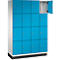 Casier bleu avec plusieurs compartiments, dont un ouvert.