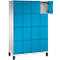 Armoire bleue et blanche avec 16 compartiments, une porte ouverte.