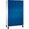 Un meuble bleu avec 16 portes, des boutons argentés et des pieds noirs.