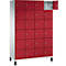 Armoire rouge avec plusieurs compartiments, un compartiment est ouvert.