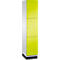 Armoire blanche et jaune avec trois portes, boutons et une base noire.
