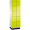 Une armoire à dix portes, chacune avec une petite poignée argentée. Les portes sont jaune-vert, le cadre blanc, la base noire.