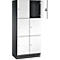 Armoire à six compartiments, deux portes ouvertes. Portes blanches sur corps anthracite.