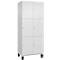 Armoire blanche avec six portes, petits boutons et pieds noirs.