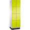 Une armoire haute avec huit portes vert-jaune, chacune avec un bouton argenté. Le corps est blanc, la base noire.