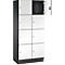 Armoire à huit compartiments, une porte ouverte. Portes blanches, corps gris.