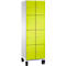 Armoire avec huit portes jaune-vert, côtés blancs, pieds noirs et poignées argentées.