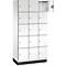Armoire blanche avec 15 portes, dont une ouverte. Détails et poignées noirs.