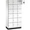 Armoire blanche avec 15 portes, dont une ouverte, révélant l'intérieur vide. Cadres et poignées noirs.