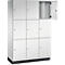 Armoire blanche avec neuf portes, dont une est ouverte.