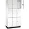 Armoire blanche avec neuf compartiments, dont un ouvert.