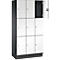 Armoire avec portes blanches, dont une ouverte. Boîtier gris. Poignées en métal. Joints noirs.