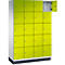 Armoire avec 16 compartiments jaune-vert, un compartiment est ouvert. Des lignes noires séparent les portes, des boutons argentés sont visibles.