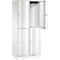 Armoire blanche, portes partiellement ouvertes. On distingue des compartiments, une tringle à vêtements et des éléments décoratifs.