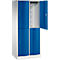 Casier bleu et blanc avec porte ouverte. Intérieur gris clair, avec tringle et trous de ventilation.