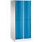 Armoire blanche avec quatre portes bleues et des poignées argentées.