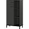 Armoire gris foncé avec porte et tiroirs à gauche, étagères ouvertes à droite. Pieds noirs, design épuré.