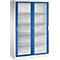 Armoire métallique haute gris clair avec deux portes vitrées bleues et poignées argentées.