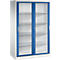 Armoire métallique grise avec deux portes vitrées bleues et poignées argentées sur fond blanc.