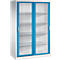 Armoire métallique blanche avec deux portes coulissantes vitrées bleues et quatre étagères.