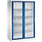 Une armoire métallique blanche avec deux portes coulissantes bleues à vitres et quatre étagères intérieures.