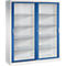 Une armoire en métal blanc avec deux portes coulissantes bleues à vitrage, contenant plusieurs étagères.