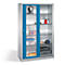 Armoire métallique grise avec portes coulissantes en verre bleu, remplie de divers outils et équipements.
