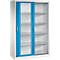 Une armoire métallique blanche avec une porte coulissante bleue vitrée et quatre étagères sur fond neutre.