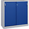 Une armoire en acier bleu avec deux portes coulissantes, cadre argenté et poignées argentées sur fond neutre.
