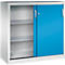 Armoire en métal gris avec deux portes coulissantes bleues et des étagères sur fond blanc.