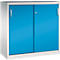 Une armoire métallique blanche avec des portes coulissantes bleu vif et des poignées argentées sur fond blanc.