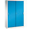 Une armoire métallique blanche avec des portes coulissantes bleu vif et des poignées argentées sur fond neutre.
