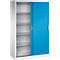 Armoire de bureau en métal avec cadre blanc et porte coulissante bleue, entrouverte.