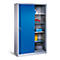 Armoire métallique grise avec porte coulissante bleue, entrouverte, montrant des étagères remplies.