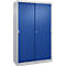Armoire métallique grise avec deux portes coulissantes bleues et poignées argentées sur fond blanc.